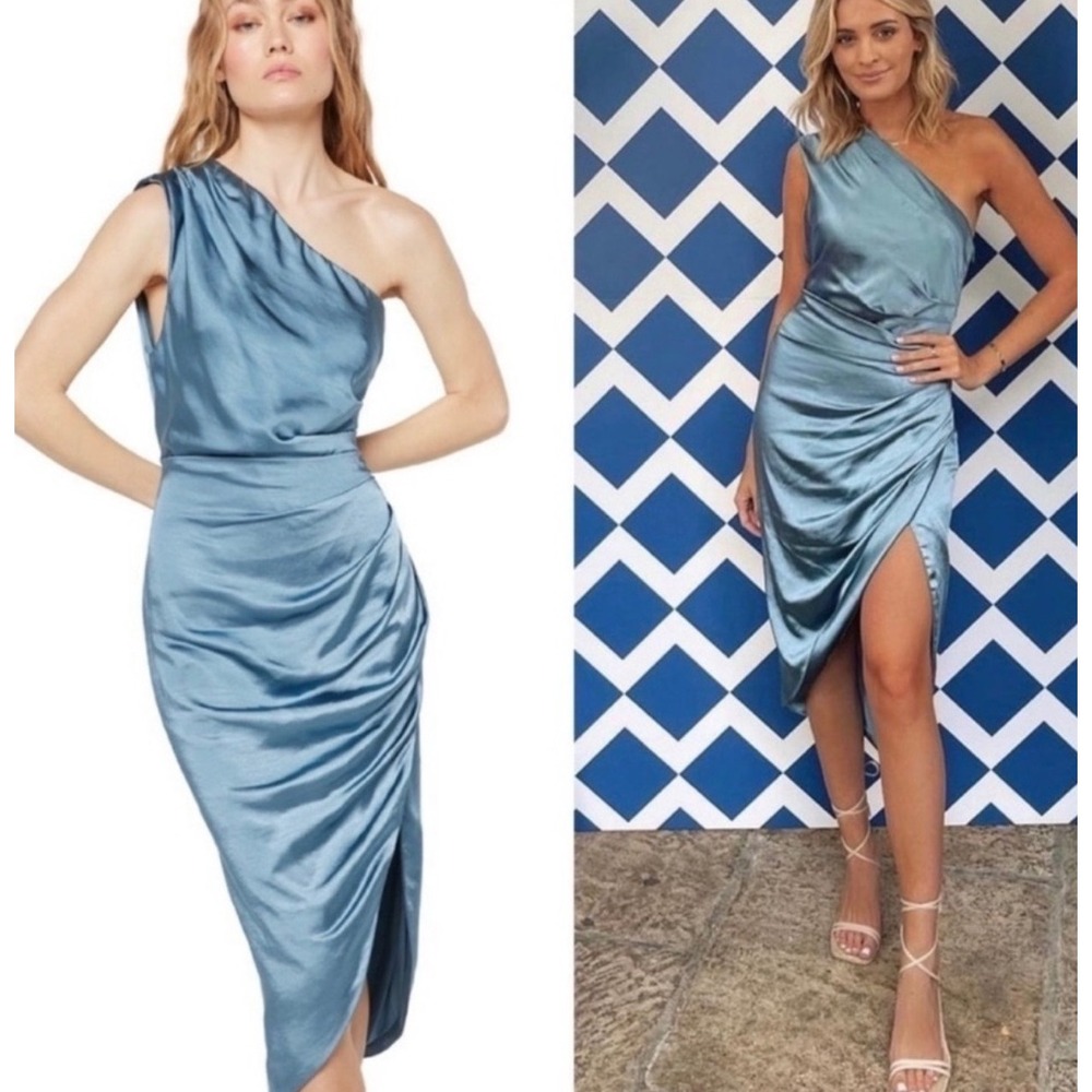 ELLIATT Reception Dress Dusty Blue One Shoulder Satin Ruched Midi Size L‎ - Picture 4 of 16
